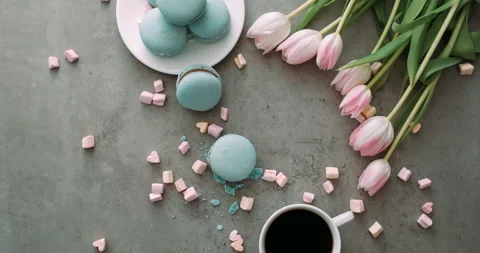 Top View, Empty Space on Table with Background of Macarons and Fresh Tulips, and Stock Footage 131515310