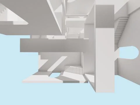 Top view of empty white building with stairways and arches Ilustración de archivo