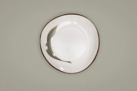 Top view-Empty white ceeamic round dish plate isolated on green background. Stock Photos
