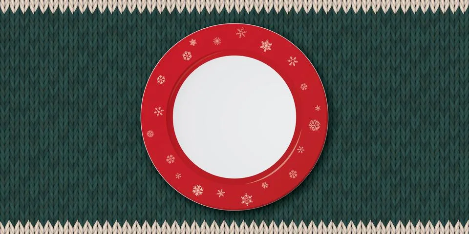 Top view of empty white dish with with red border and snowflake decoration .. Stock Illustration