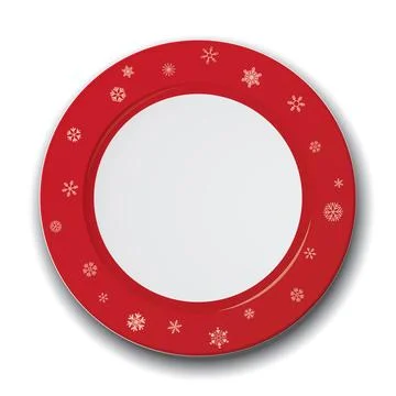Top view of empty white dish with with red border and snowflake decoration .. Stock Illustration