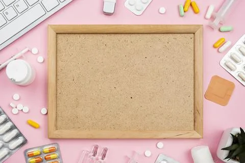 Top view empty wooden board medical desk arrangement Foto stock