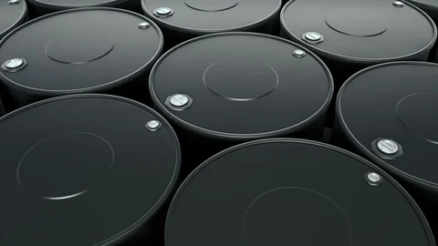 Top view of endless stack of black metal oil barrels, closeup. 動画素材 123705329