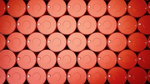 Top view of endless stack of red metal oil barrels. 動画素材 119398864