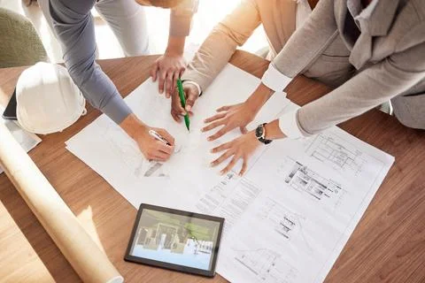 Top view, engineer and hands with blueprint, tablet and planning for new project Stock Photos