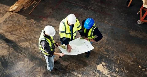 Top view, engineer and planning with blueprint at construction site, buildi.. Stock Photos