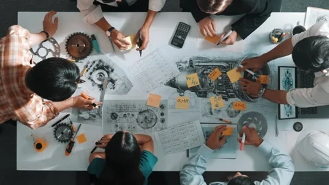 Top view of engineer team talking about turbine engine structure. Alimentation. Stock Footage 268682729