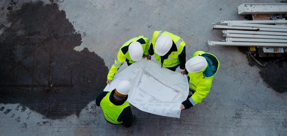 Top view of engineers and construction workers reviewing blueprints, building Fotos de archivo