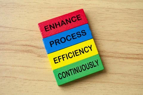 Top view of Enhance Process Efficiency Continuously text on multicolored wo.. Stock Photos