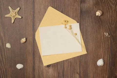Top view envelope with blank paper and seashells on wooden background. Copy.. Stock Photos
