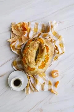 Top view epiphany day dessert with spruce oranges Stock Photos