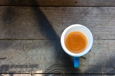 Top view espressso coffee on old wooden background with copy space Stock Photos