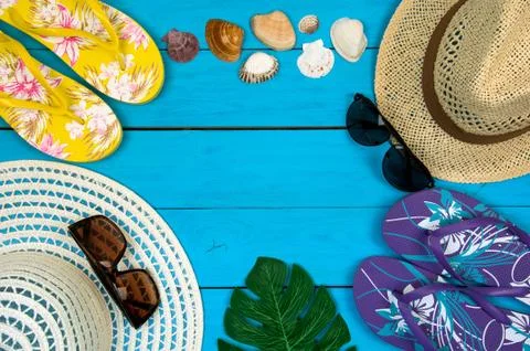 Top view of essential modern young lady or girl on vacations.Woman's summer h Stock Photos