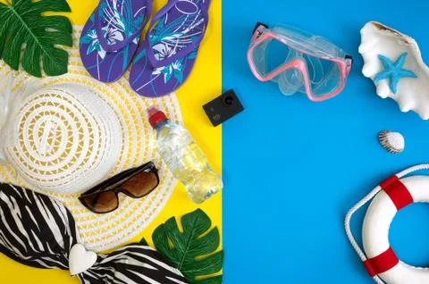 Top view of essential modern young lady or girl on vacations.Woman's summer h Stock Photos