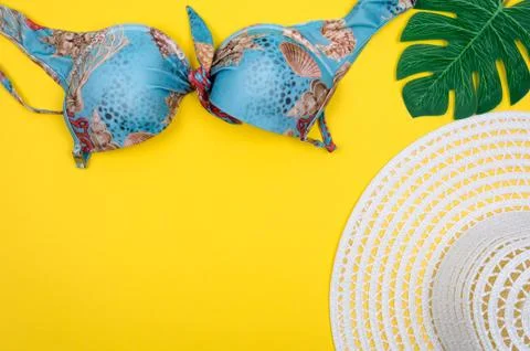 Top view of essential modern young lady or girl on vacations.Woman's summer h Stock Photos