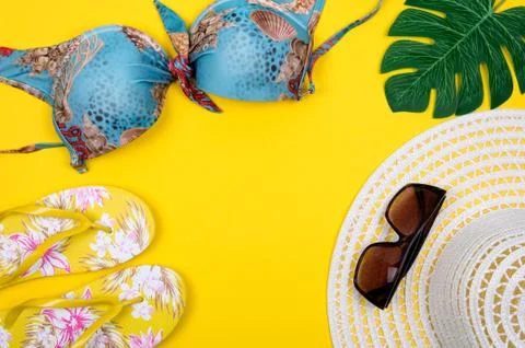 Top view of essential modern young lady or girl on vacations.Woman's summer h Stock Photos