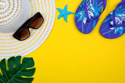 Top view of essential modern young lady or girl on vacations with empty space Stock Photos