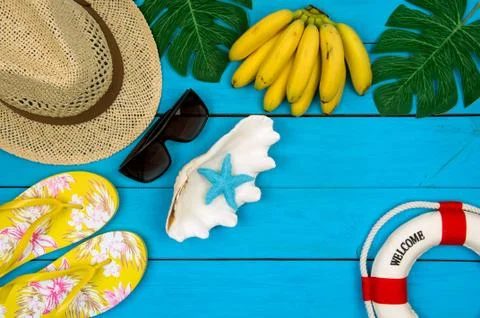 Top view of essential modern young lady or girl on vacations with empty space Stock Photos
