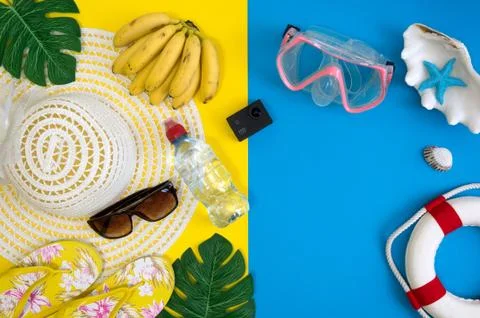 Top view of essential modern young lady or girl on vacations with empty space Stock Photos