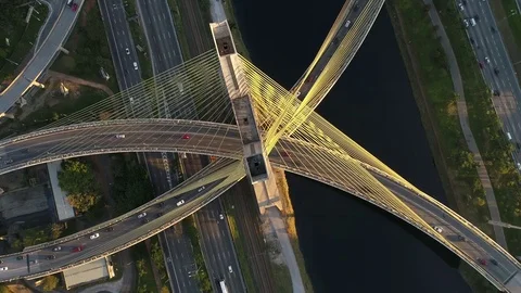 Top view of Estaiada bridge and skyscrapers in Marginal Pinheiros Stock Footage 77192458