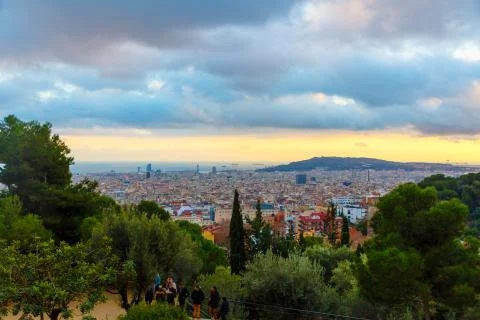 Top view of evening Barcelona Stock Photos