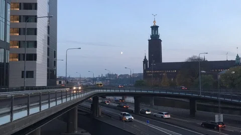 Top view of evening road traffic in Stockholm, Sweden, 2018 Stock Footage 97385328