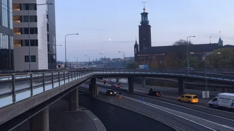 Top view of evening road traffic in Stockholm, Sweden, 2018 Video stock 97385610