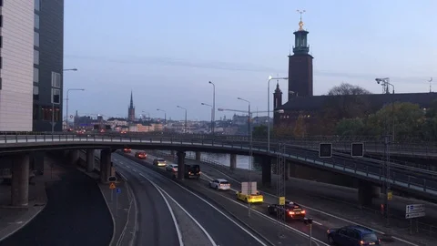 Top view of evening road traffic in Stockholm, Sweden, 2018 Stock Footage 97385724