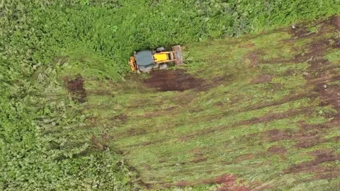 Top view of excavator working in field. Clip. Bulldozer clears plot of land with Stock Footage 145536035