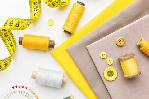 Top view fabrics with notebook thread 写真素材