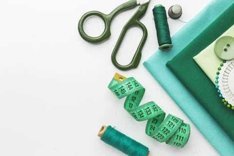 Top view fabrics with notebook thread 写真素材