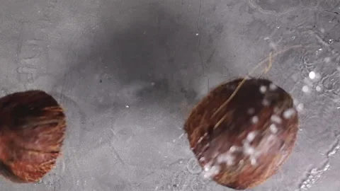 Top view falling coconut and water splashing around. Slow motion Видео 147092106