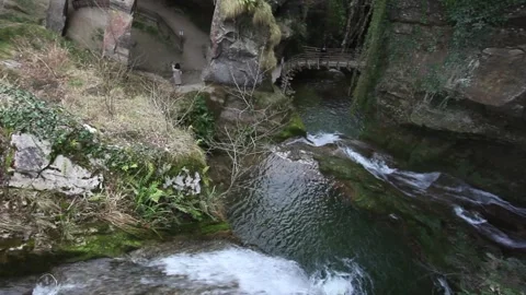 Top view of the falls at the beginning of the Caglieron caves, Veneto, Italy Stock Footage 145464382
