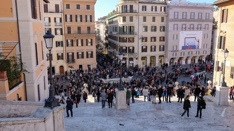 Top view of famous spanish steps with people tourist walk for shopping,timelapse Video stock 121592599