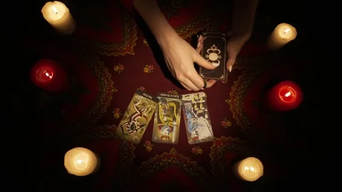 Top view, female hands holding a card deck in hands and making a fan tarot Stock Footage 247979353