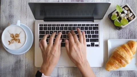 Top View Of Female Hands Typing On Laptop Keyboard On Coffee Break Stock Footage 86579847