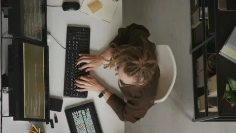 Top View of Female Programmer Stretching at Workplace while Coding Stock Footage 255781075