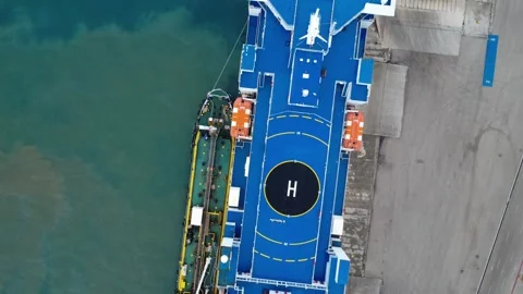 Top View Ferry Deck Helipad and Lifeboats at Commercial Port Stock Footage 343997363