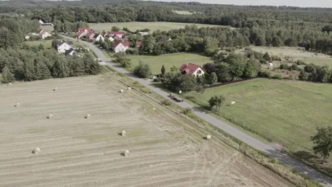 Top view of fields after harvest surrounded by greenery and trees Stock Footage 252039266