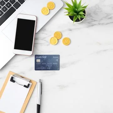 Top view of financial plan concept with credit card, smart phone, lap top on  Stock Photos