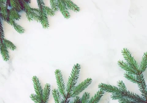 Top view fir tree branches frame on marble background. Christmas backdrop Stock Photos