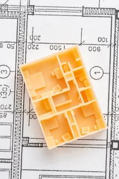 Top view of first floor of architectural 3D model of the house interior with Stock Photos