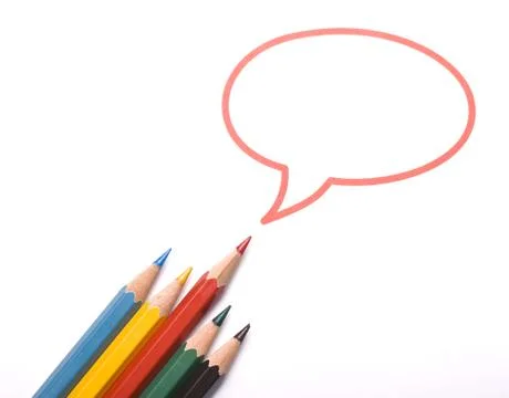 Top view of five colored pencils with the red one having a speech bubble above h 스톡 사진