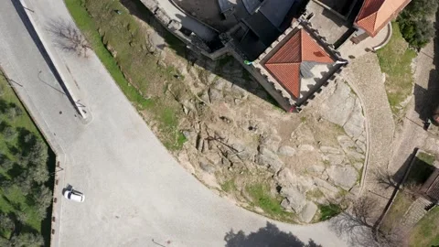 Top View Of Flags Waving At The Keep Of Historic Belmonte Castle In Serra Video stock 149489998