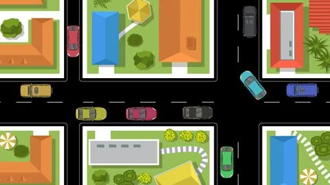 Top view flat background of location map with car and road and building nearb Ilustración de archivo