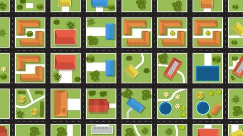 Top view flat background of town neighborhood village with road and house a.. 스톡 일러스트