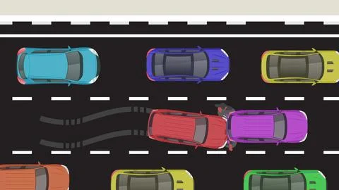 Top view flat cartoon of car vehicle with crash braking emergency accident .. Stock Illustration