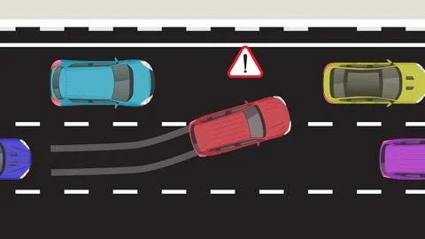 Top view flat cartoon of car vehicle with crash braking emergency accident .. Stock Illustration