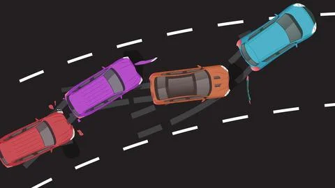 Top view flat cartoon of car vehicle with crash braking emergency accident .. Stock Illustration