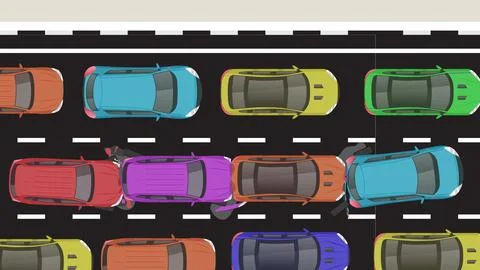 Top view flat cartoon of car vehicle with crash braking emergency accident .. Stock Illustration